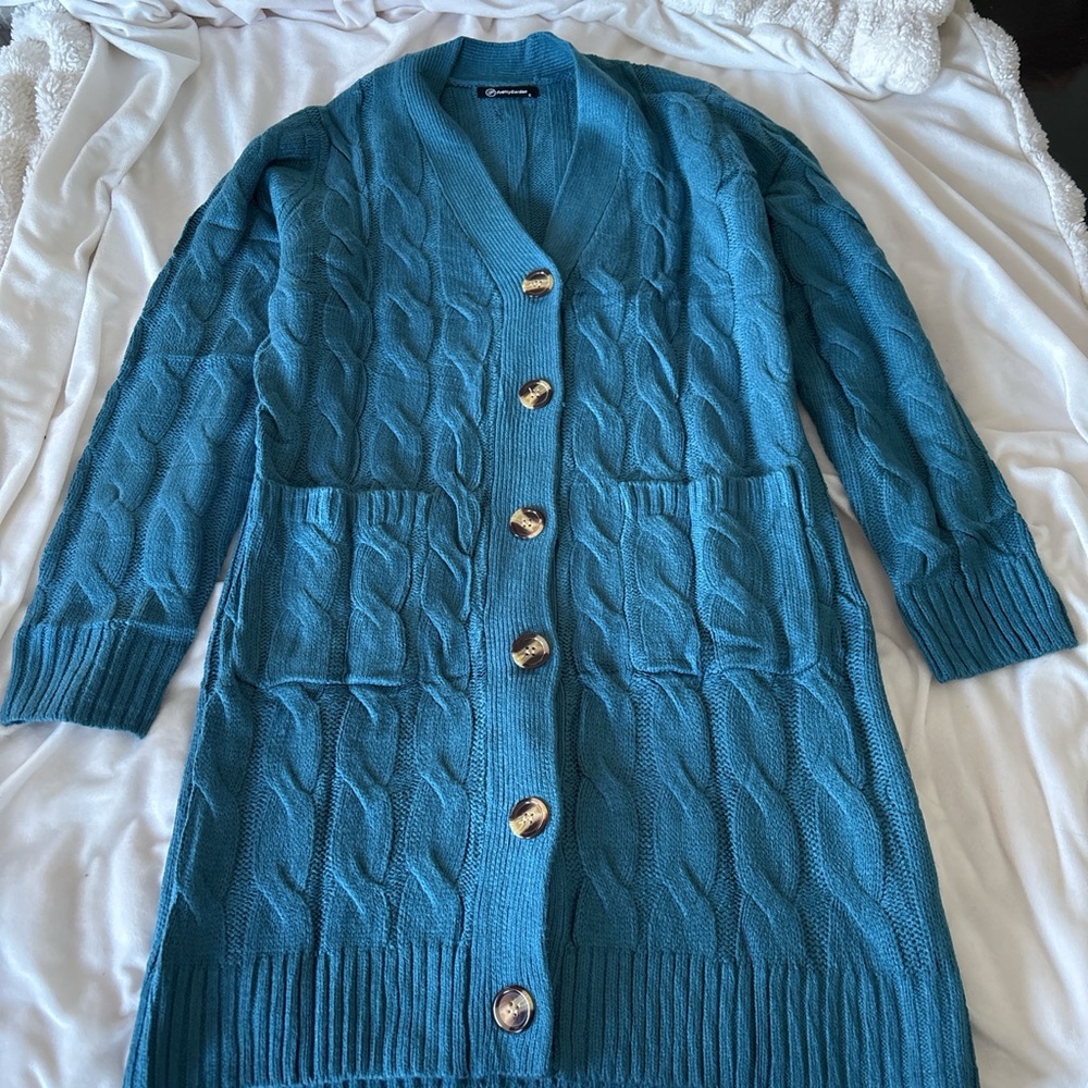 Cable Knit Long Cardigan Sweater Pretty Garden Teal - Picture 2 of 5